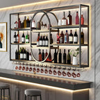 63IN Large Wall Mount Wine Rack, Metal 4 Tier Hanging Bottle Holder with Wine Glass Storage Racks, Modern Floating Wine Shelves for Home Bar Dining Room Decoration (Black)
