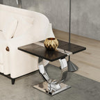 Asday Black End Table, Modern Wood Side Table, Silver End Table with U-Shaped Stainless Steel Base