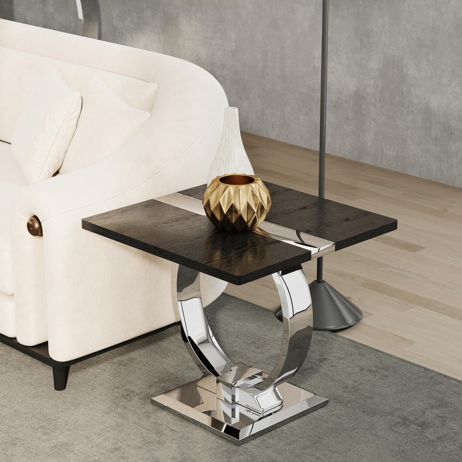 Asday Black End Table, Modern Wood Side Table, Silver End Table with U-Shaped Stainless Steel Base