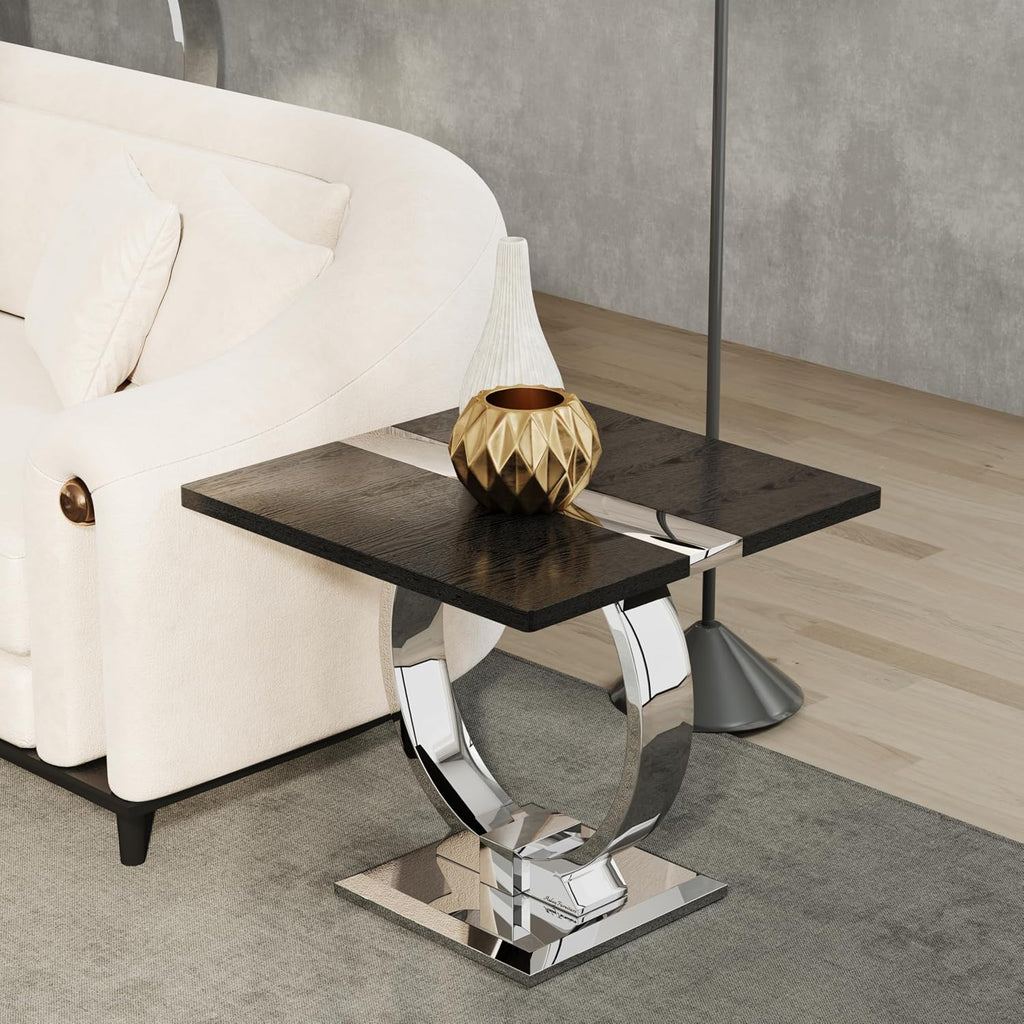 Asday Black End Table, Modern Wood Side Table, Silver End Table with U-Shaped Stainless Steel Base