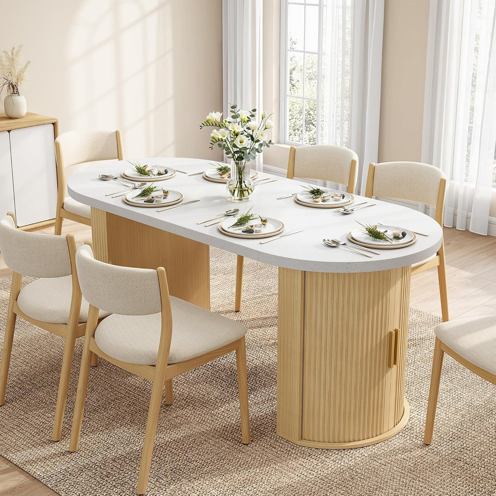 IRONCK 71" Oval Dining Table with Hidden Storage, Oak | Faux quartz-pattern laminate top, dual-sided cabinets, fluted engineered-wood base, and 397 lb capacity.