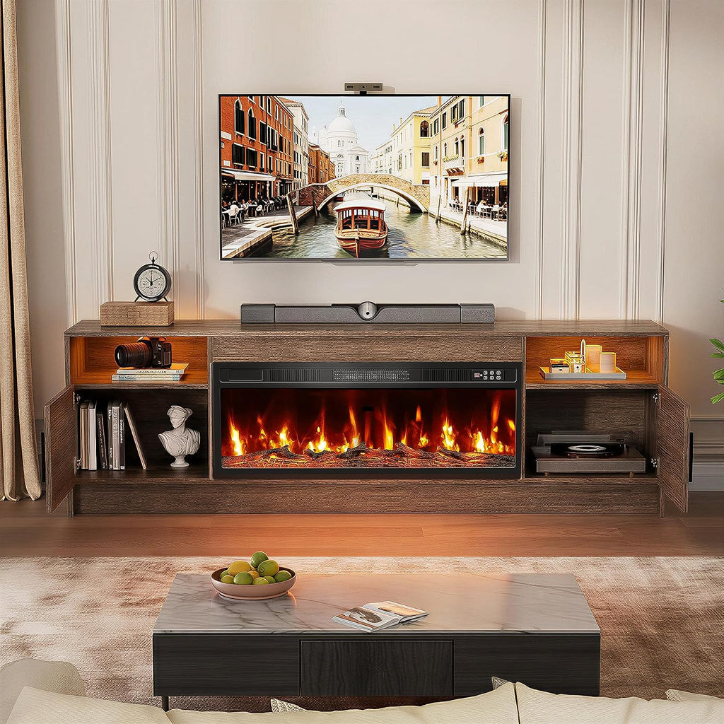 EAG 70" Electric Fireplace TV Stand with 36 inch Fireplace Up to 80" TVs, Entertainment Center with with Storage Cabinet & LED Lights, Modern Media Console for Living Room, Walnut