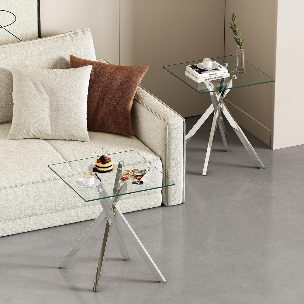 Silver Glass Coffee Table Set of 3 Modern End Table Living Room Side Table, G...