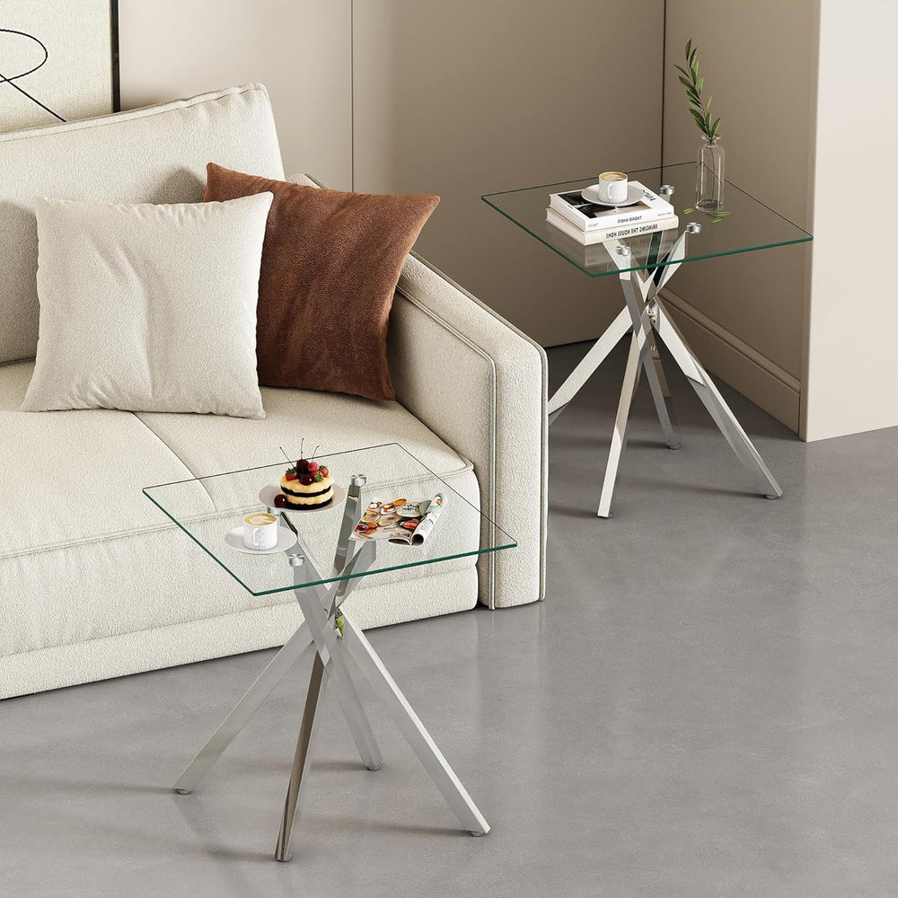 Modern Glass Side Table 17.72" Square End Table with Metal Legs, Small C...