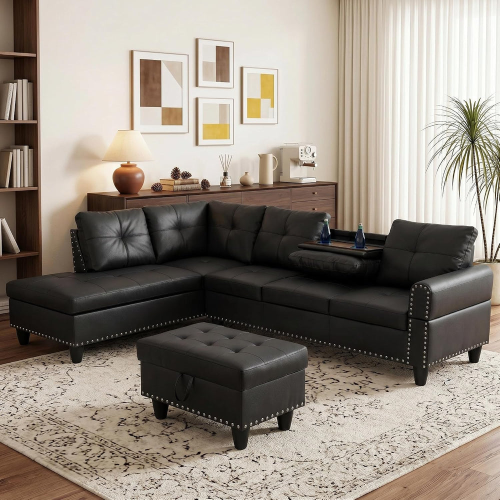 Leather L-Shaped Couch Set, 97.5"L x 69.5"W Sectional Sofas Black |...