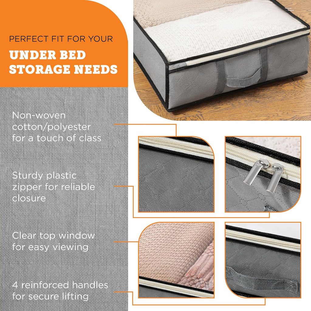 storageLAB Under Bed Storage Containers - Foldable Closet Organizer with Clear Top, Sturdy Handles - 7L Capacity Storage Box for Clothing, Comforter, Blanket, and Shoe - 2 Pack, Soft-Sided, Gray