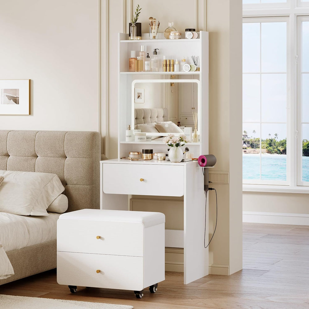 Fameill Women White Vanity Desk,23.6” Small Vanity Desk with Mirror and Light...