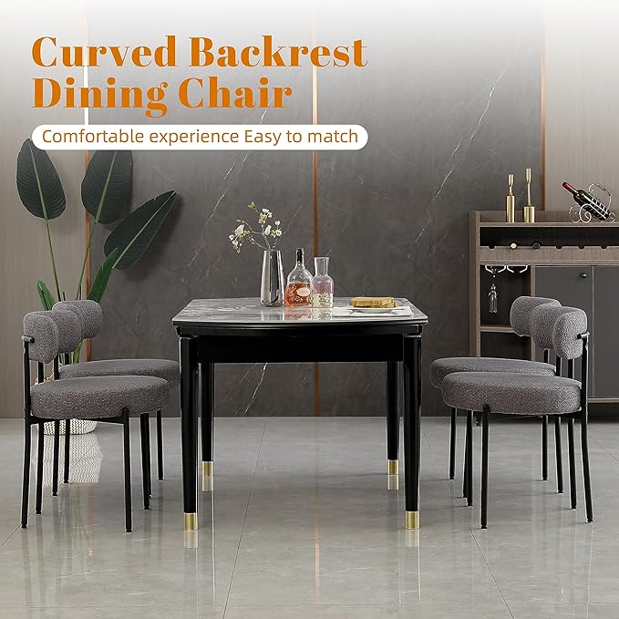 DYHOME Dark Grey Dining Chairs Set of 2, Mid-Century Modern Dining Chairs, Kitchen Dining Room Chairs, Curved Backrest Round Upholstered Boucle Sherpa Dining Chair with Black Metal Legs