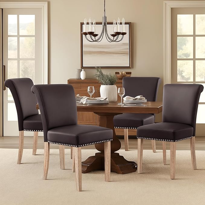 CHUN YI Dining Chairs Set of 4, Faux Leather Upholstered Dining Room Chairs with Nailhead Trim and Wood Legs, Mid Century Modern Parsons Side Chairs for Kitchen, Brown