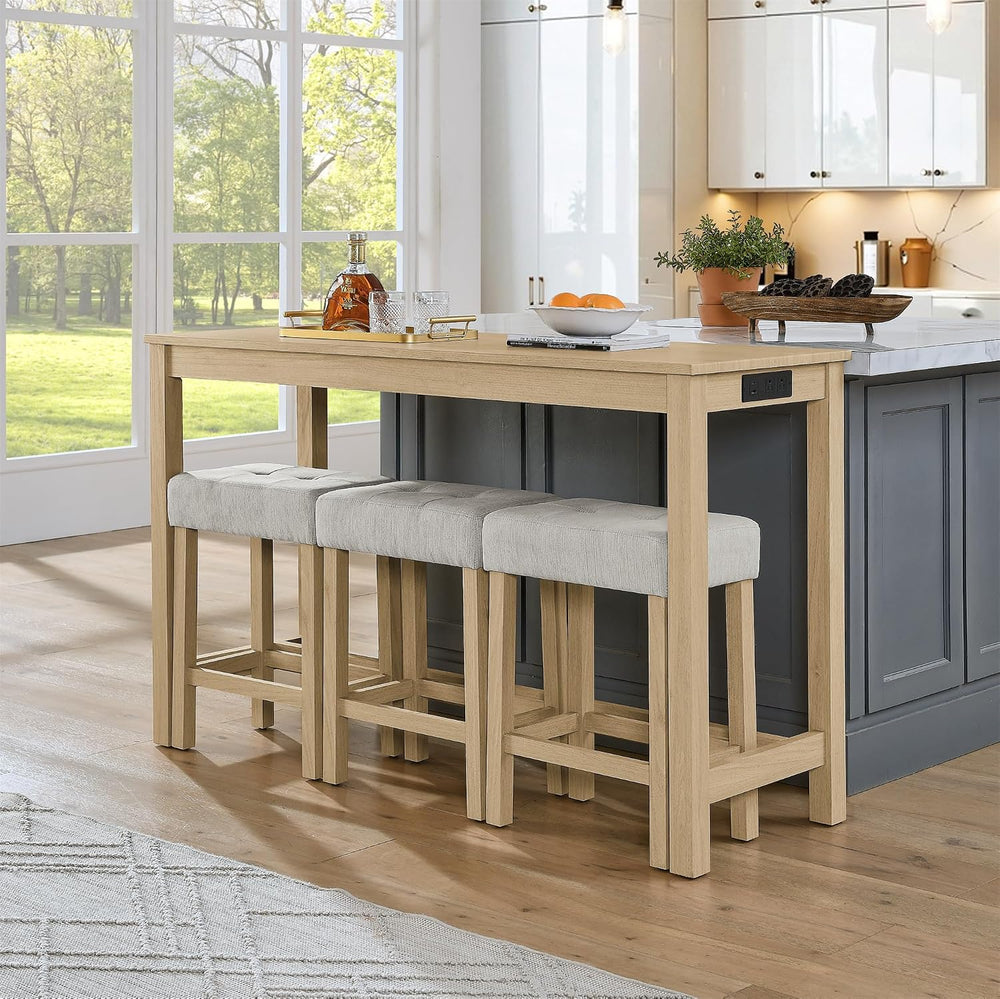 59" Bar Table Set with Power Outlet & 3 Upholstered Stools – 4-Piece...