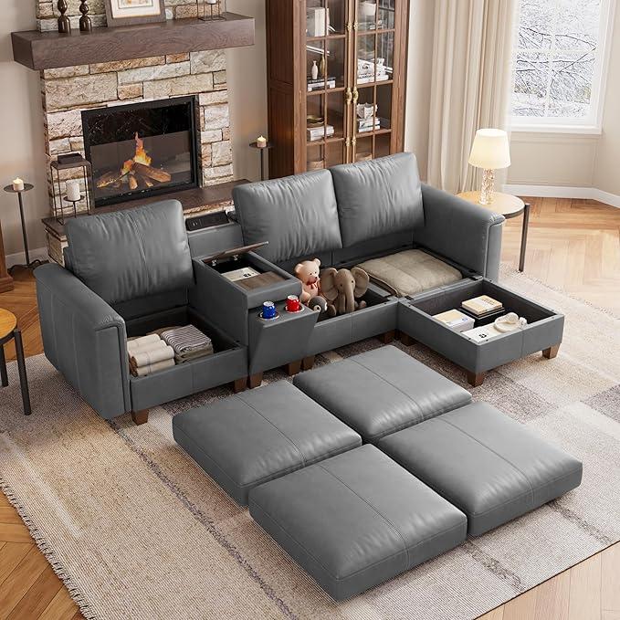 SITJOY 105" Faux Leather Modular Sectional Sofa with Storage, Mid Century Modern Sectional Couches for Living Room, 4 Seat L Shaped Couch with Ottoman and Console Table, Hidden Cupholders, Gray