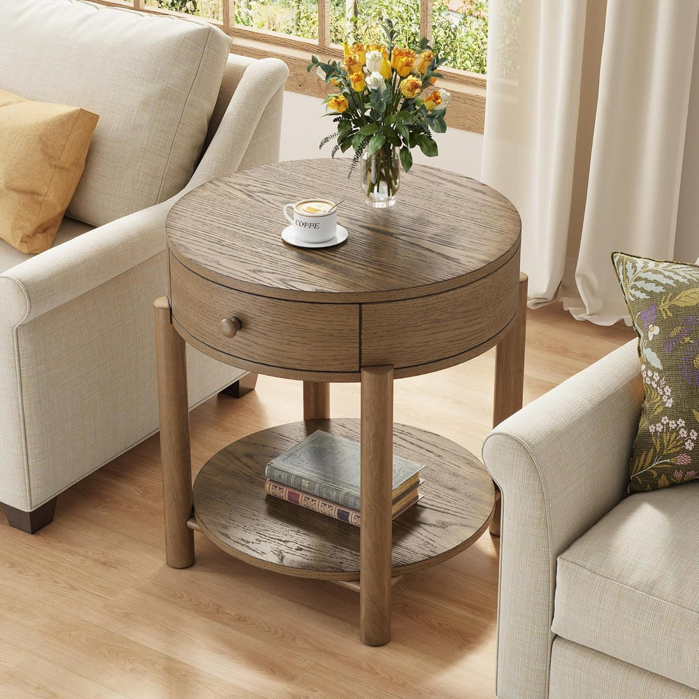 Solid Wood 24" Round End Table with Drawer, 2-Tier Small Sofa Side Table...