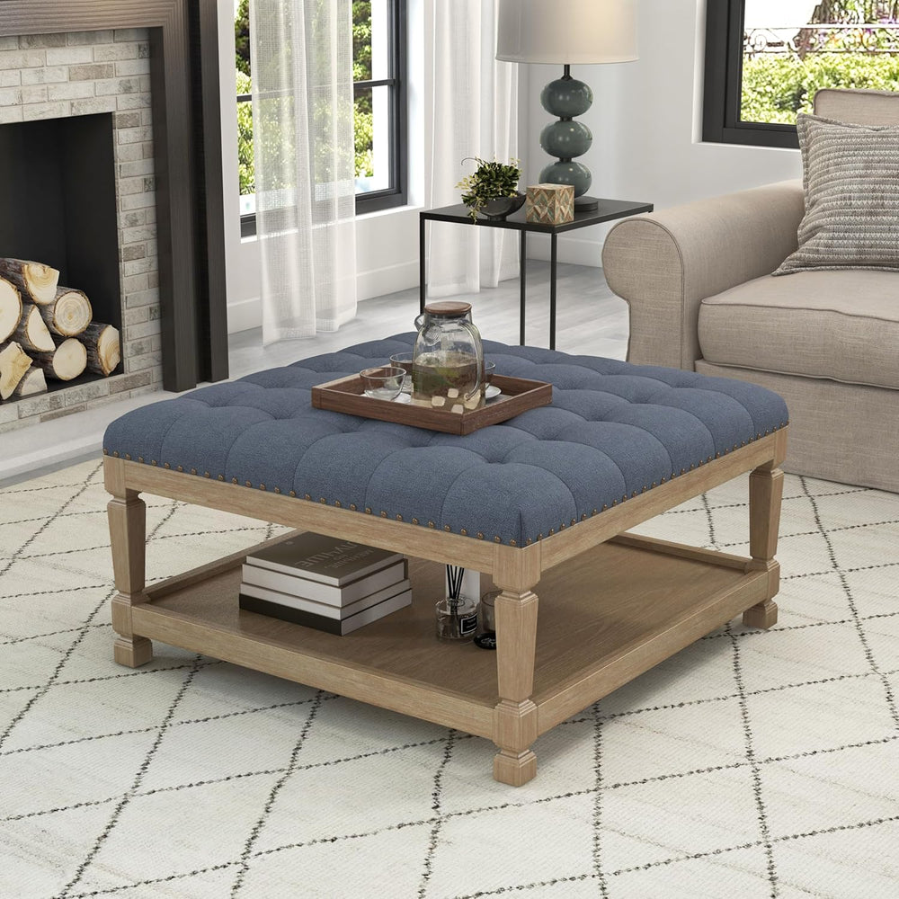 Ottoman Coffee Table,Square Wooden Upholstered Tufted Ottoman Foot Rest with ...