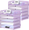 2 Pack 5-Tier Purple Desk Organizer with Handle Mesh Desk File/Paper Organizer Letter Tray for Office, School and Home Easy Installation Purple Office Supplies