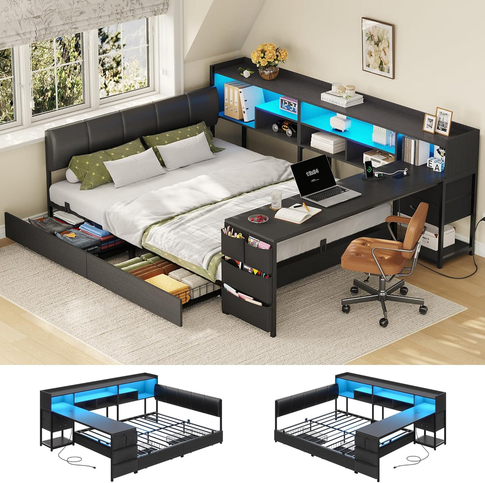 Dnxao Corner Bed Frame Full with Storage and Desk & 7 Bookcases, Black
