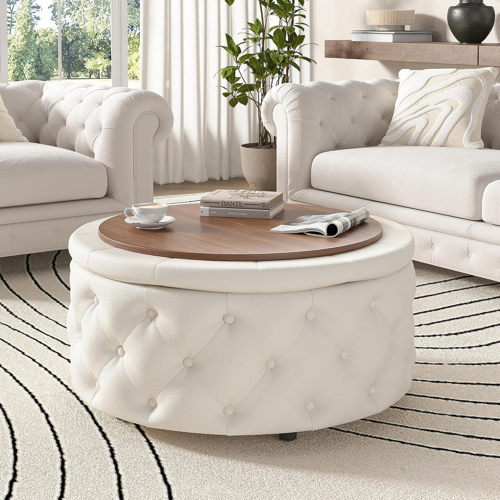 FiveWillowise 30 Inch Round Ottoman with Storage Tray,Large Coffee Table | Ci...