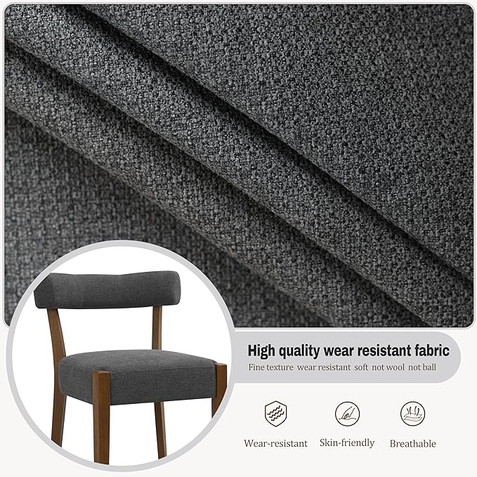 Modern Dining Chairs Set of 6, Walnut Upholstered Kitchen & Dining Room Chairs, Mid Century Wooden Dining Chairs Oversized Sturdy Fabric Rounded Chairs Curved Back, Dark Grey