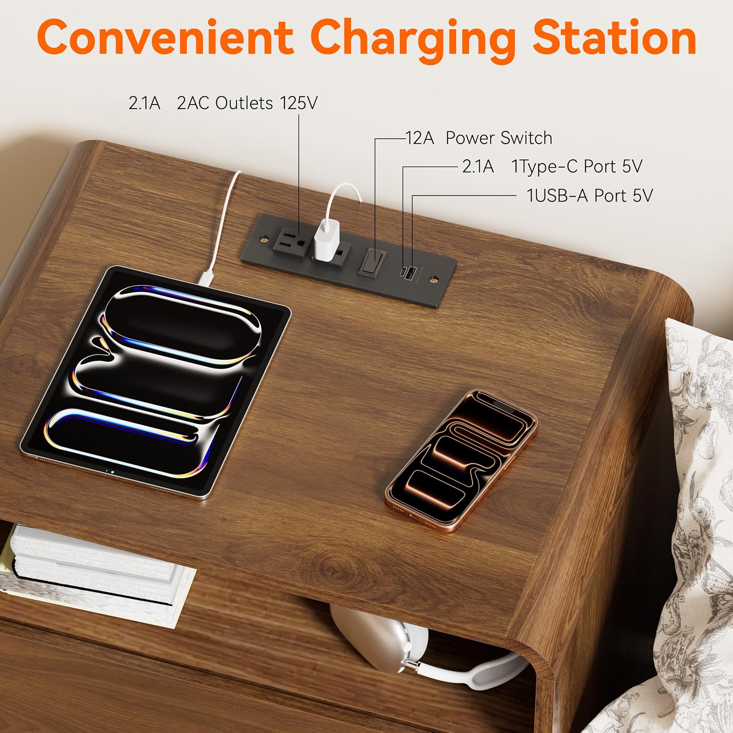 23.8" Modern Nightstand with Hidden Drawers Walnut Night Stand | Walnut Night Stand with Charger Station Soft-Close Drawers Nightstand Mid Century Bedside Table for Bedroom