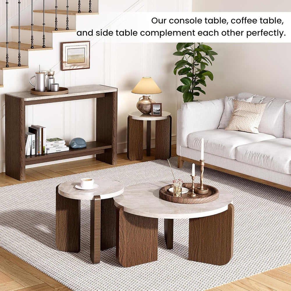 SUNBURY Modern Round Coffee Table with Sturdy Base, Wood Center Tables for Li...