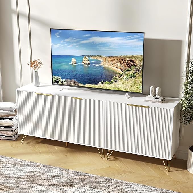 TV Stand for 75 inch TV Modern Entertainment Center Cabinet with 5 Doors Wood Media Console Storage Cabinets for Living Room Bedroom, White