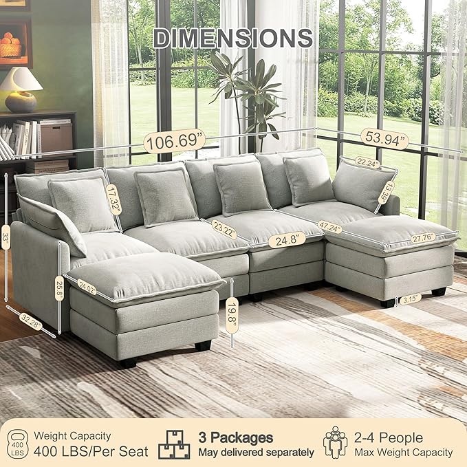 107" Cloud Couch Sectional, U Shaped Modular Sectional Sofa, 4-Seat Deep Seat Couch with 6 Removable Washable Pillows and 2 Ottoman for Living Room, Bedroom, Apartment, Light Grey