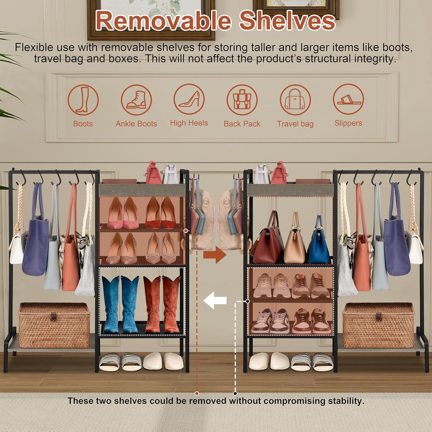 2-in-1 Shoe and Bag Organizer, 5 Tier Shoe Rack with Wooden Tray & 7 Hooks, Industrial Metal Shoe Shelf with Removable Shelves for Boot Storage, Perfect for Entryway, Closet, Garage, Black
