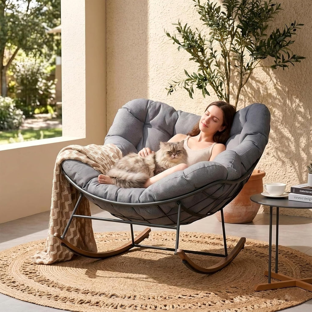 Grand patio Outdoor Rocking Chair, Oversized Papasan Rocking Chair with Thick Cushion, Indoor Outdoor Cozy Rocker for Balcony, Living Room, Patio, Gray