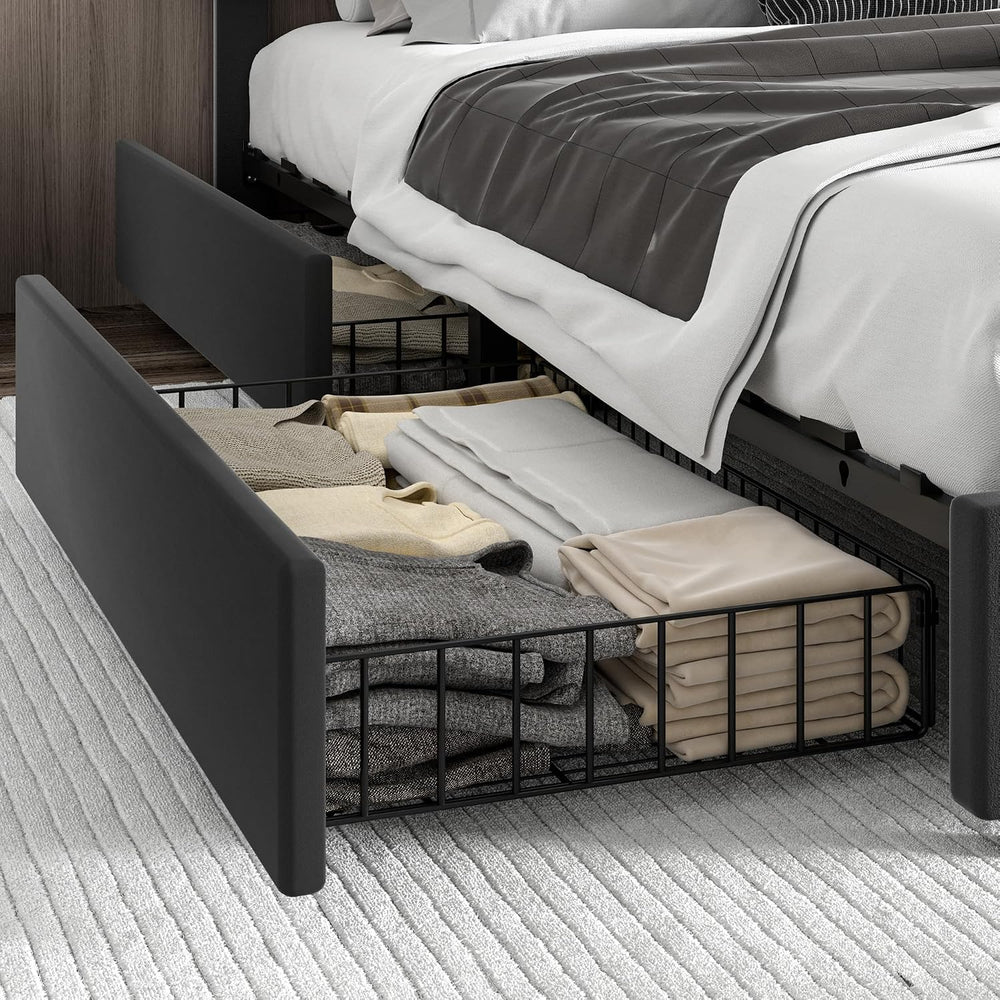 VECELO Queen Bed Frame with 4 Storage Drawers & Upholstered Platform &amp...