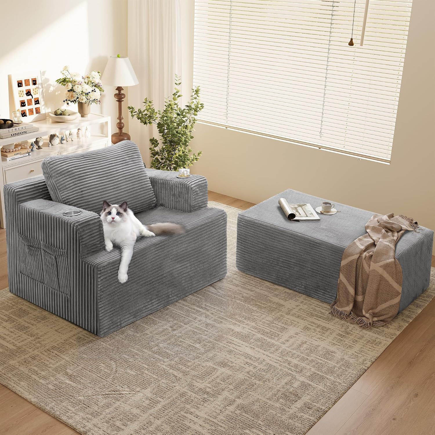 Homall Oversized Chaise Lounge Chair, Cloud Couch with Fluffy Upholstered, Deep Seat Sleeper Sofa Bed with Two Cup Holders, Comfy Boneless Couch No Assembly Required for Living Room, Apartment (Grey)