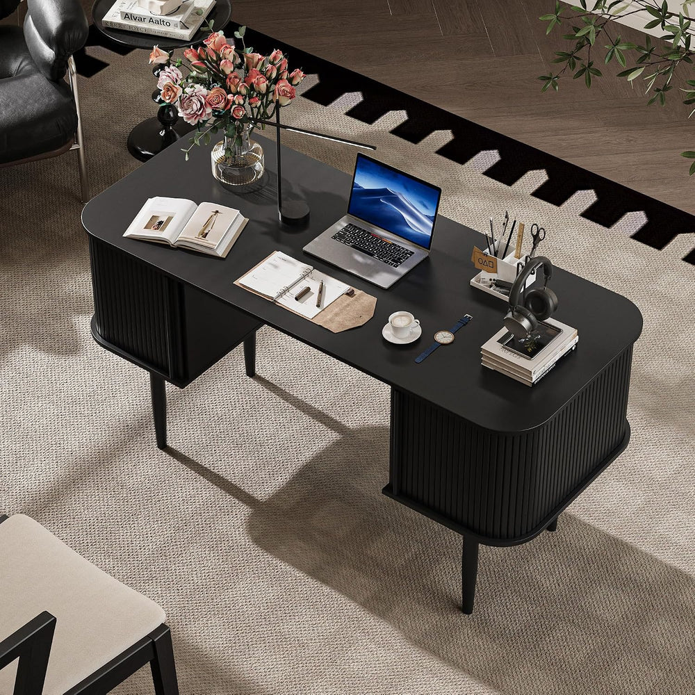 MAISONARIA 55" Modern Writing Desk with Storage, Wood Home Office Desk w...