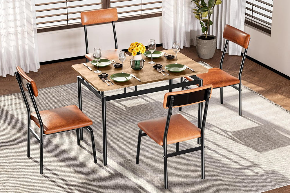 Garvee Dining Table Set for 4, 5 Piece Wooden Dining Table and Chairs, 4 PU U...