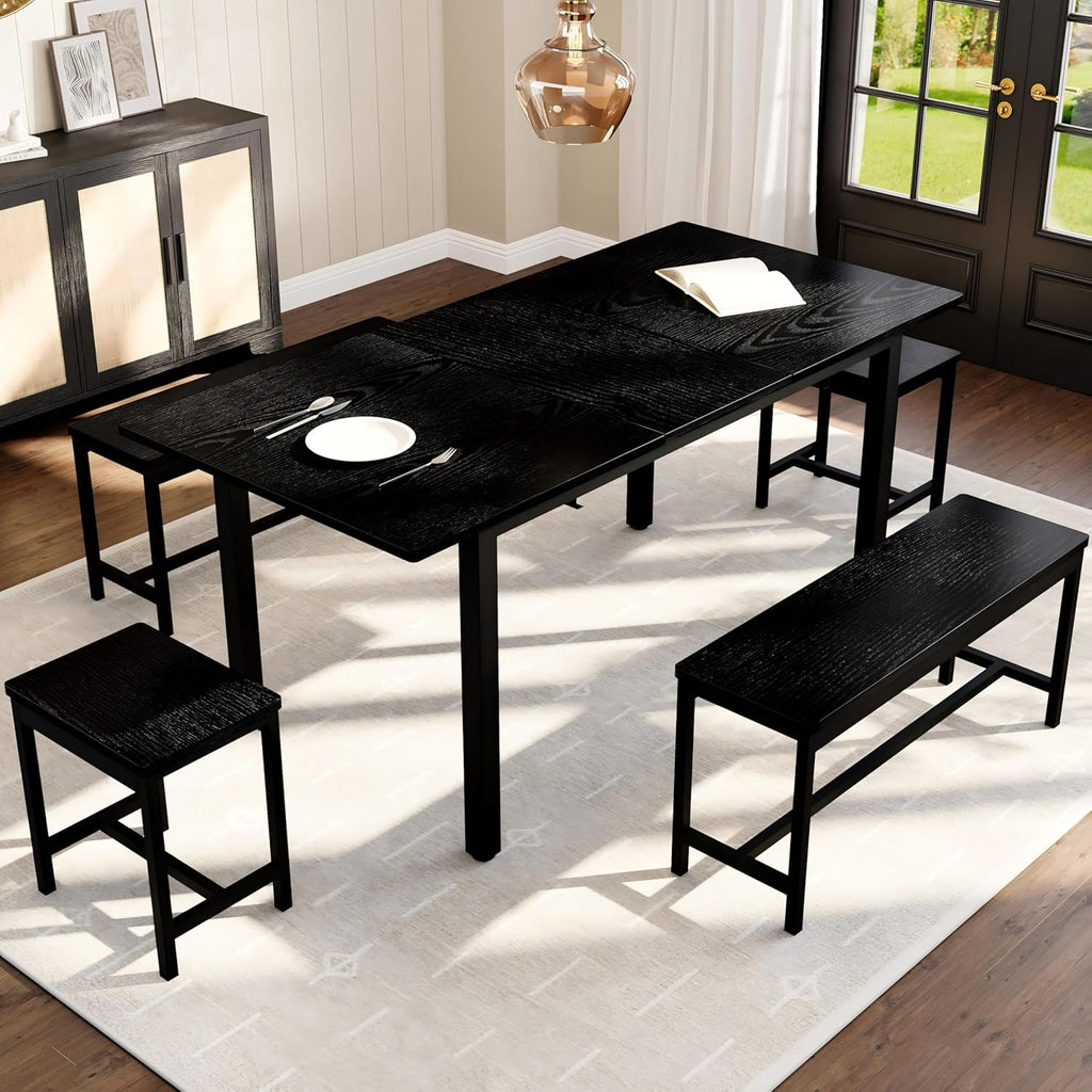 GarveeHome 5 PCs Dining Table Set for 6-8 People, 63 in Extendable Kitchen Table Set with 2 Benches and 2 Square Stools, Modern Dining Room Furniture Sets, Easy Assembly, Black