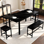 GarveeHome 5 PCs Dining Table Set for 6-8 People, 63 in Extendable Kitchen Table Set with 2 Benches and 2 Square Stools, Modern Dining Room Furniture Sets, Easy Assembly, Black