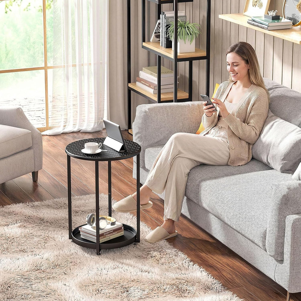 Small Round Side Table, 2 Tiers End Table, Nightstand with Metal Storage Shel...
