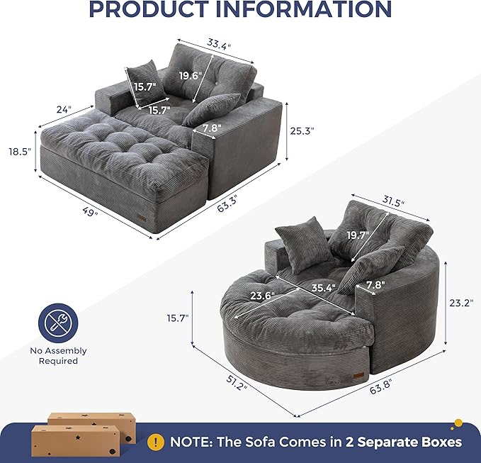 MAXYOYO Modular Sectional Chaise Lounge Sofa, 2 Sets Upholstered Lounge Chair with Ottoman, Comfy Round+ Square Couch with Layered Cushion, Tufted Sleeper Chair for Living Room, No Assembly, Dark Grey