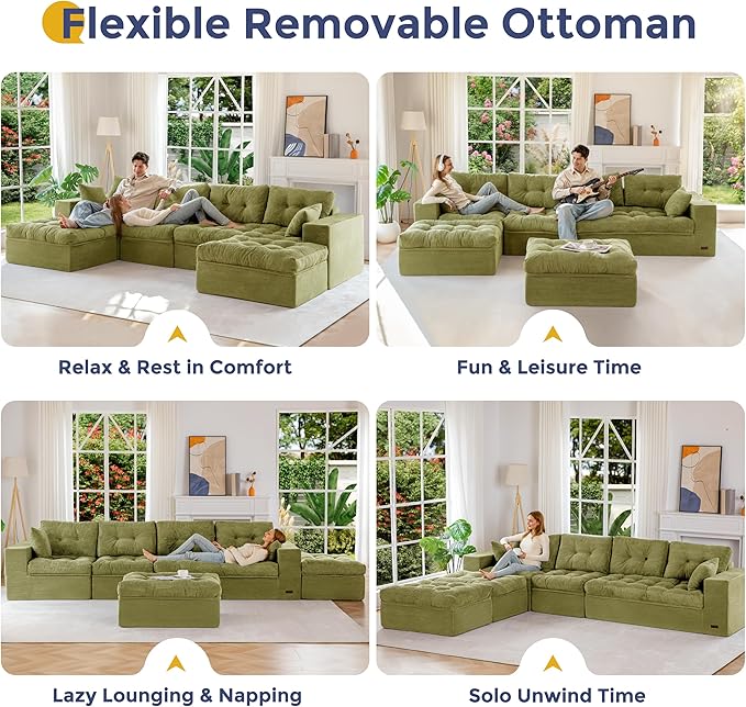 MAXYOYO 132" U Shaped Modular Sectional Sofa with 2 Ottomans, Cloud Boneless Couch with Layered Cushion, Flexible Module Combination Sofa for Living Room, No Assembly Required, Green