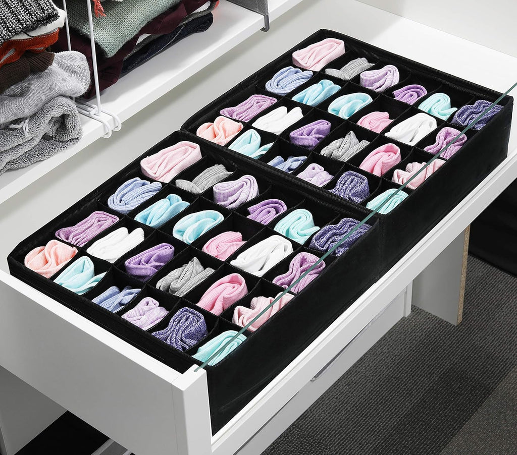 Simple Houseware 2 Pack Closet Sock Organizer, 24 Cell Drawer Divider, Black