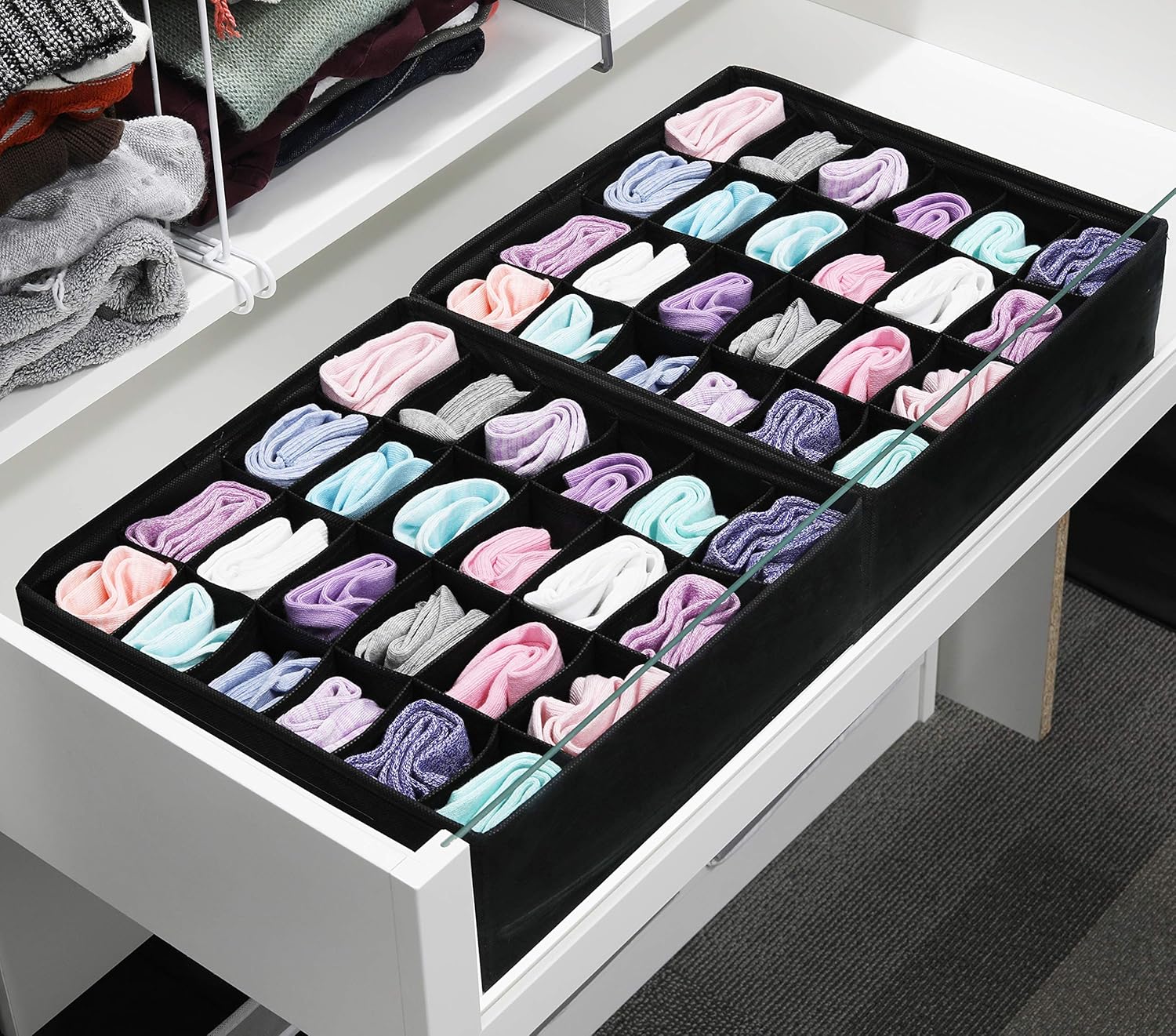 Simple Houseware 2 Pack Closet Sock Organizer, 24 Cell Drawer Divider, Black