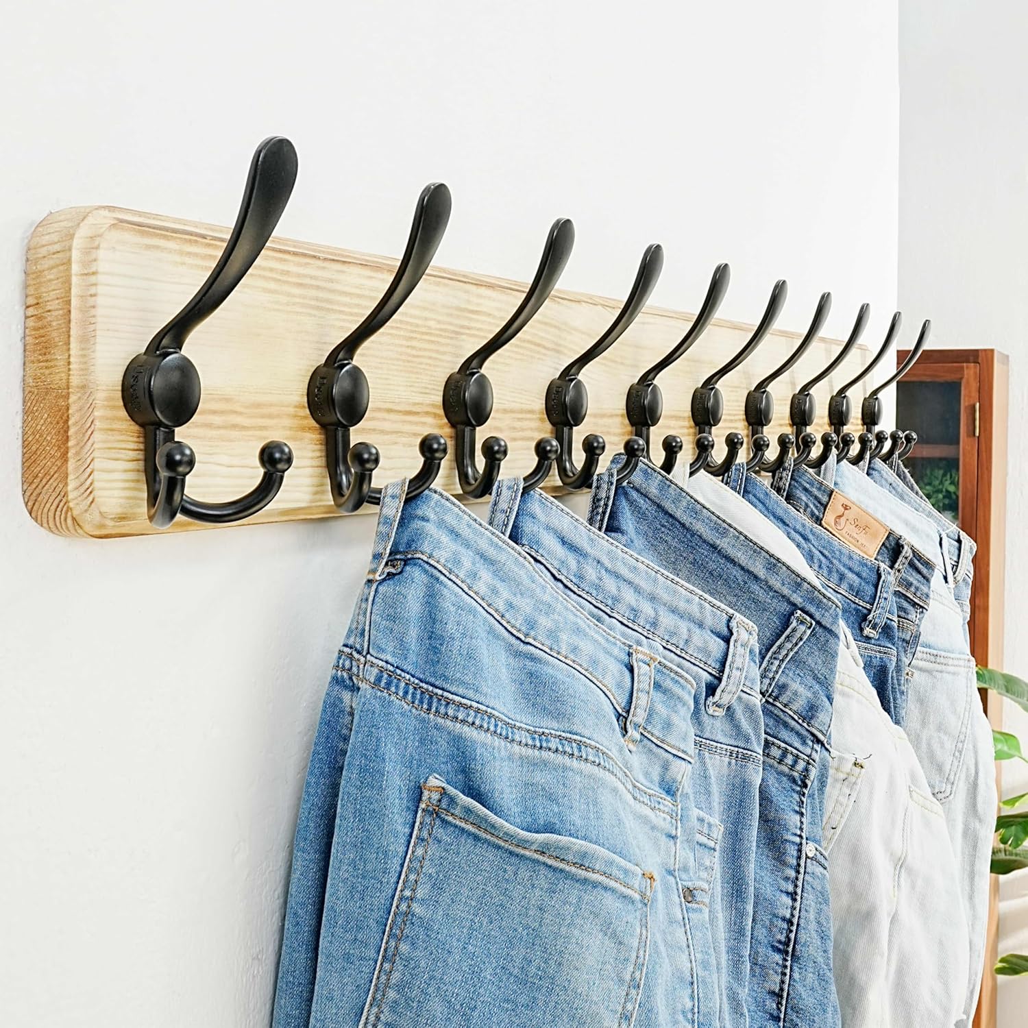 Dseap Coat Rack Wall - Heavy-Duty 38-1/4" Long, with Reinforced 10 Custom Tri-Hooks, Solid Wood Wall Hanger for Coats Hat Jackets - Rustic Farmhouse Entryway Hallway Storage, Light Brown & Black