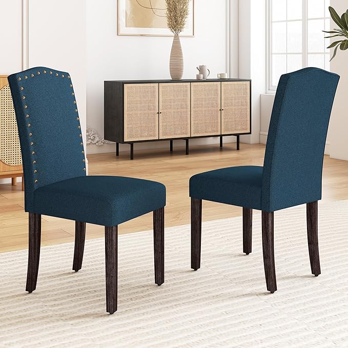 LSSBOUGHT Dining Chairs Set of 2,Upholstered Parsons Dining Room Chairs Fabric Kitchen Chairs with Solid Wood Frame and Nailhead Trim(Blue)