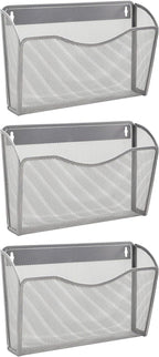 EASEPRES 3 Single Pocket Mesh Hanging File Organizer, Vertical Wall Mounted Magazine File Holder, Mount Basket Mail Paper Document Folder Organizing for Office, Home and School, Silver
