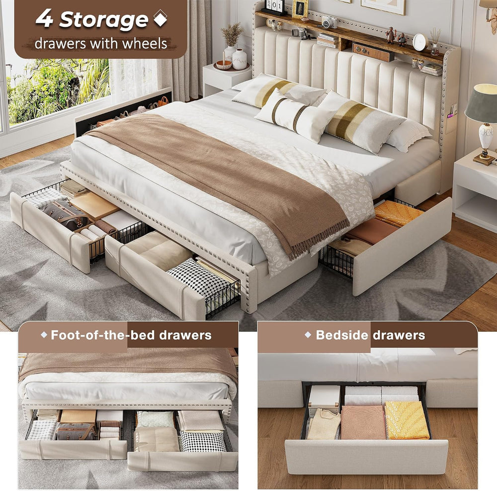 EnHomee King Size Bed Frame with 4 Storage Drawers & Storage Headboard