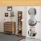 HOMEFORT 10-Tier Vertical Shoe Rack, Corner Shoe Tower, Slim Shoe Organizer with Two Hanging Hooks, Wooden Shoe Storage Stand for Entryway, Hallway, Closet, Rustic Brown