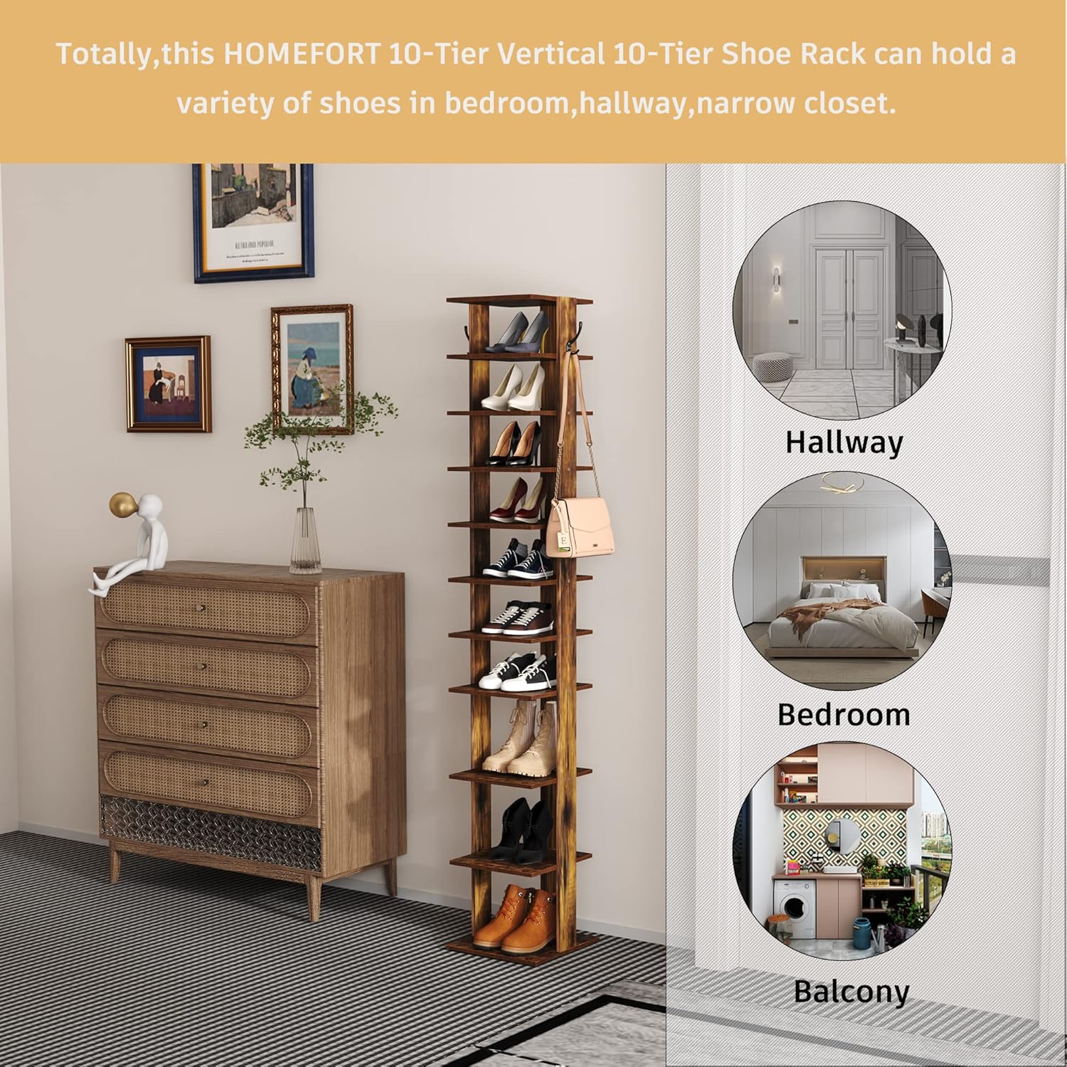 HOMEFORT 10-Tier Vertical Shoe Rack, Corner Shoe Tower, Slim Shoe Organizer with Two Hanging Hooks, Wooden Shoe Storage Stand for Entryway, Hallway, Closet, Rustic Brown