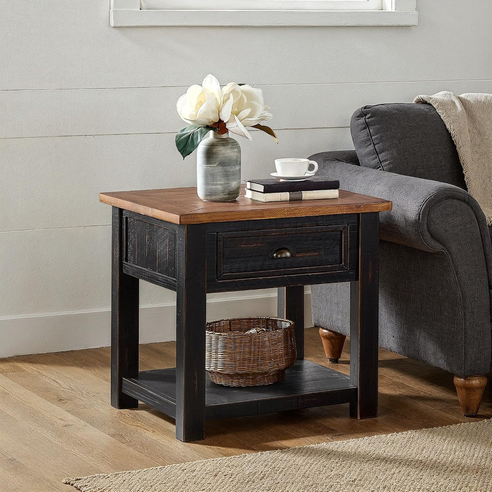 Monterey Farmhouse Rustic End Table, Solid Pine Wood Coastal Side Table with ...