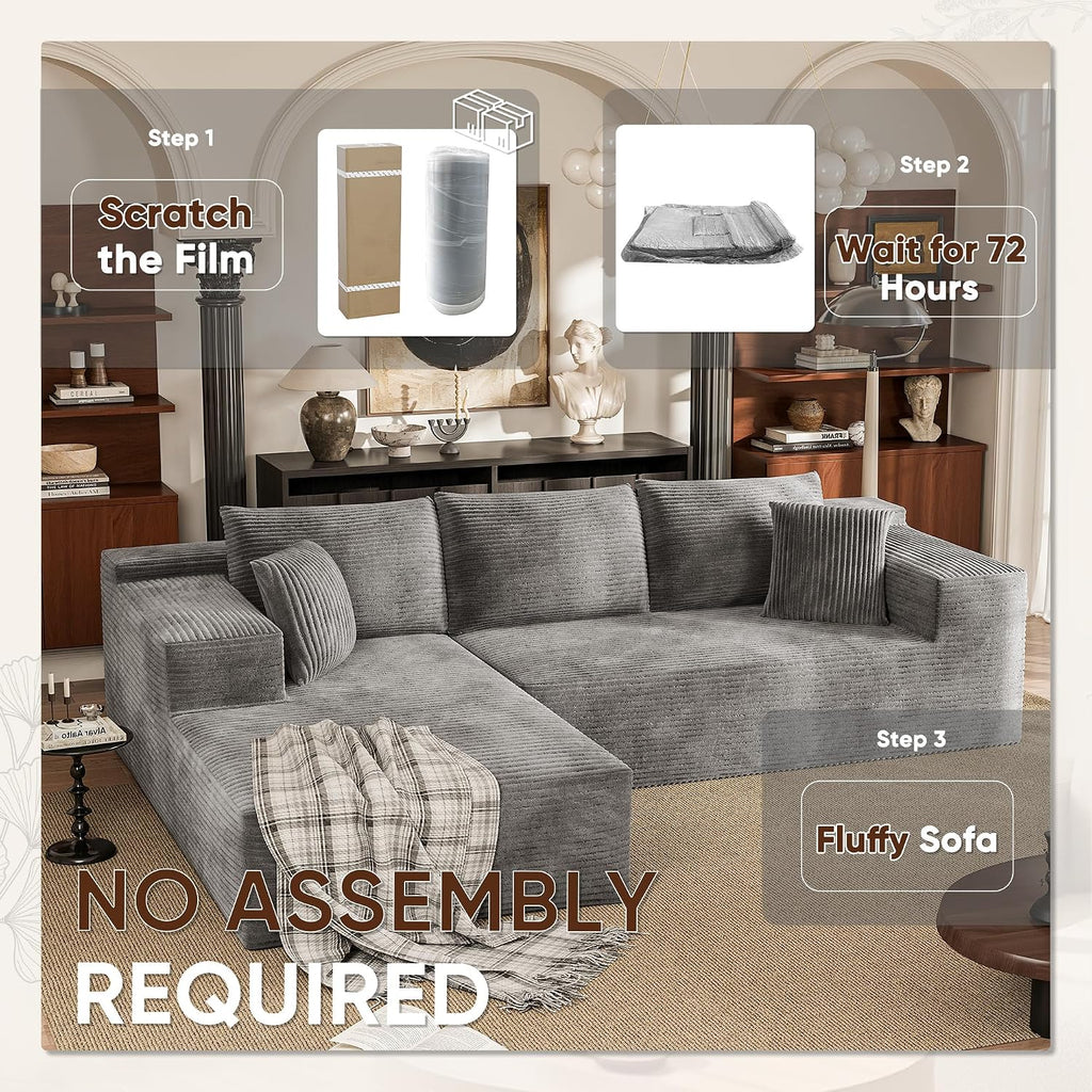 108” Cloud Sectional Couches, Boneless Couch Modular L-Shaped Sofa with Deep Seat, Modern Comfort Upholstered Sofas for Living Room, No Assembly Required (Corduroy, Grey)