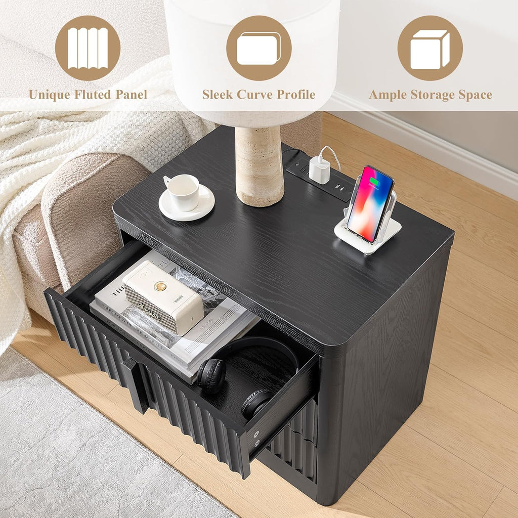 Black 23.6" Nightstand with Charging Station, Side Table with 3 Storage Drawers, Mid Century Modern Night Stand with Solid Wood Handle, Bedside End Table for Bedroom, Living Room, Closet