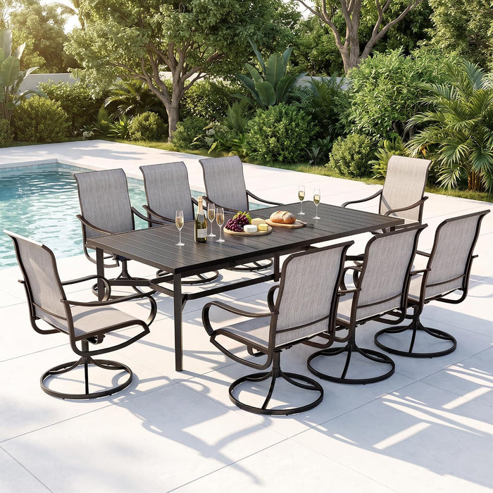 MFSTUDIO 9 Pcs Outdoor Dining Set, 82'' Metal Table & Swivel Mesh Chairs