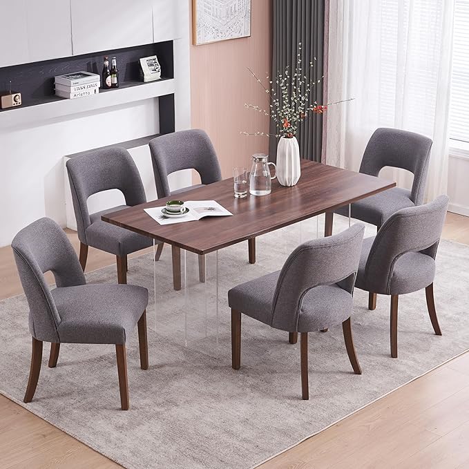 VKNOW Wooden Dining Chairs Set of 6, Modern Fabric Upholstered Dining Room Ch...