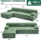 107" Modular Sectional Cloud Couch, Boneless couches Sponge sectionals for Living Room, High Density Sponges Sofa, Modular L-Shape with Chaise, Green